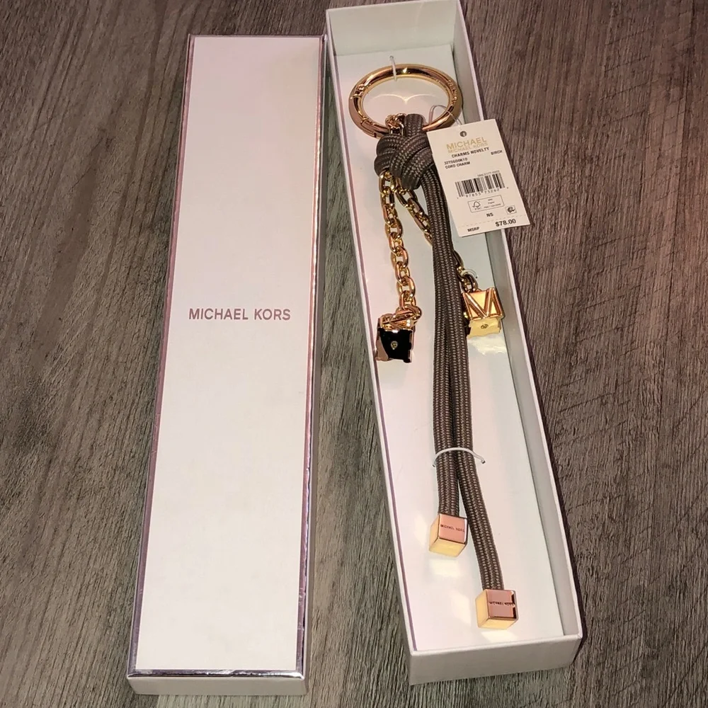 Michael Kors Gold Tone & Birch Cord Bag Charm MK Cubes NWT & Box - Picture 2 of 14